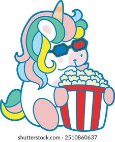 Illustration of cute unicorn activities icon.
Funny rainbow unicorn daily routine stickers.
Unicorn watching a cinema with eating popcorn