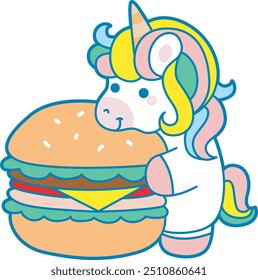 Illustration von niedlichen Einhorn Aktivitäten Symbol.
Lustige Regenbogen Einhorn täglichen Routine Aufkleber.
Einhorn bringen einen Burger