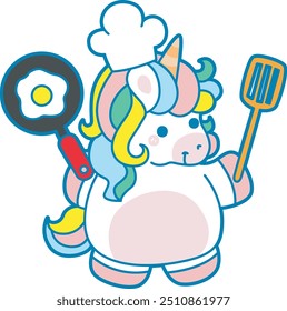 Illustration of cute unicorn activities icon.
Funny rainbow unicorn daily routine stickers.
Unicorn want to cooking an egg with spatula