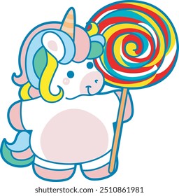 Illustration of cute unicorn activities icon.
Funny rainbow unicorn daily routine stickers.
Unicorn bring a lollipop