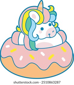 Illustration of cute unicorn activities icon.
Funny rainbow unicorn daily routine stickers.
Unicorn in the middle of donut