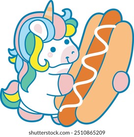 Illustration of cute unicorn activities icon.
Funny rainbow unicorn daily routine stickers.
Unicorn bring a hot dog