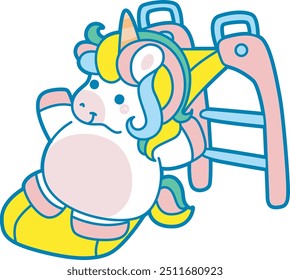 Illustration of cute unicorn activities icon.
Funny rainbow unicorn daily routine stickers.
Unicorn playing sliding in the playground