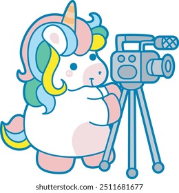 Illustration of cute unicorn activities icon.
Funny rainbow unicorn daily routine stickers.
Unicorn making a video