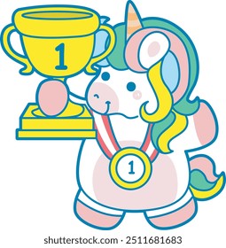 Illustration of cute unicorn activities icon.
Funny rainbow unicorn daily routine stickers.
Unicorn is the first winner