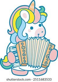 Illustration of cute unicorn activities icon.
Funny rainbow unicorn daily routine stickers.
Unicorn playing accordion