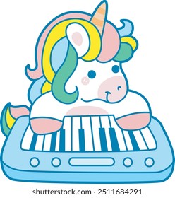 Illustration of cute unicorn activities icon.
Funny rainbow unicorn daily routine stickers.
Unicorn playing piano