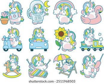 Illustration von niedlichen Einhorn Aktivitäten Symbol.
Lustige Regenbogen Einhorn täglichen Routine Aufkleber.
abwechslung von aktivitäten cute einhorn