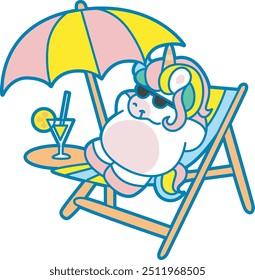 Illustration of cute unicorn activities icon.
Funny rainbow unicorn daily routine stickers.
Unicorn relax in the beach with umbrella and orange juice