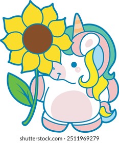 Illustration of cute unicorn activities icon.
Funny rainbow unicorn daily routine stickers.
Unicorn bring a sunflower