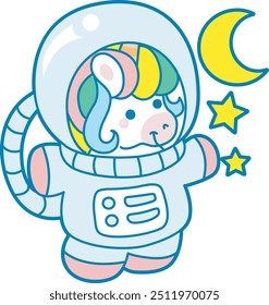 Illustration of cute unicorn activities icon.
Funny rainbow unicorn daily routine stickers.
Unicorn wearing an astronaut costume