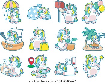 Illustration of cute unicorn activities icon.
Funny rainbow unicorn daily routine stickers.
Unicorn in the daily life