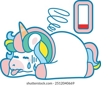 Illustration of cute unicorn activities icon.
Funny rainbow unicorn daily routine stickers.
Unicorn in the low battery