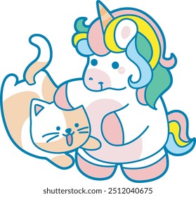 Illustration of cute unicorn activities icon.
Funny rainbow unicorn daily routine stickers.
Unicorn with cat as it friend