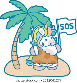 Illustration of cute unicorn activities icon.
Funny rainbow unicorn daily routine stickers.
Unicorn lost in the empty island with SOS flag