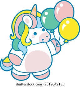 Illustration of cute unicorn activities icon.
Funny rainbow unicorn daily routine stickers.
Unicorn bring a three balloons