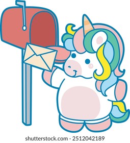 Illustration of cute unicorn activities icon.
Funny rainbow unicorn daily routine stickers.
Unicorn send a mail with box mail