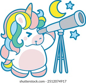 Illustration of cute unicorn activities icon.
Funny rainbow unicorn daily routine stickers.
Unicorn see the moon and stars with telescope
