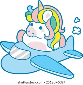 Illustration of cute unicorn activities icon.
Funny rainbow unicorn daily routine stickers.
Unicorn riding a plane