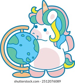 Illustration of cute unicorn activities icon.
Funny rainbow unicorn daily routine stickers.
Unicorn and globe