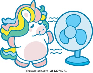 Illustration of cute unicorn activities icon.
Funny rainbow unicorn daily routine stickers.
Unicorn with a fan in the summer