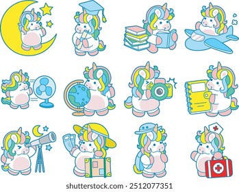 Illustration of cute unicorn activities icon.
Funny rainbow unicorn daily routine stickers.
Unicorn with variation of daily routine