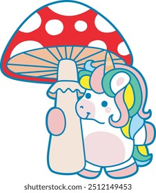 Illustration of cute unicorn activities icon.
Funny rainbow unicorn daily routine stickers.
Unicorn bring a mushroom