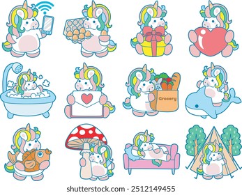 Illustration of cute unicorn activities icon.
Funny rainbow unicorn daily routine stickers.
Any activities of cute unicorn elements