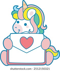 Illustration of cute unicorn activities icon.
Funny rainbow unicorn daily routine stickers.
Unicorn bring a love envelope