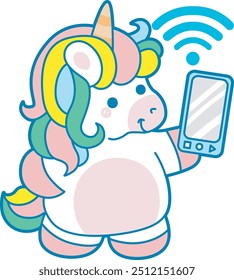 Illustration of cute unicorn activities icon.
Funny rainbow unicorn daily routine stickers.
Unicorn find a signal internet