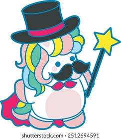 Illustration of cute unicorn activities icon.
Funny rainbow unicorn daily routine stickers.
Unicorn in the magician costume