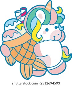 Illustration of cute unicorn activities icon.
Funny rainbow unicorn daily routine stickers.
Unicorn bring a taiyaki