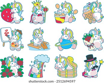 Illustration of cute unicorn activities icon.
Funny rainbow unicorn daily routine stickers.
Variation of cute unicorn activities routine