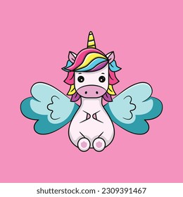 Illustration of cute Unicorn cartoon. Vector fantasy illustration. Beautiful unicorn with wings illustration, vector.