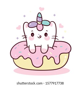 Illustration Cute Unicorn Cat Cartoon Pony Child Vector Sweet Donut Yummy Dessert Food: Kawaii Animal, Doodle Style Nursery Decor, Hand Drawn On White Background: Fairytale Horse- Perfect For Café.