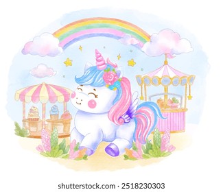  Illustration of a cute unicorn with a colorful mane under a rainbow, next to a carousel, in a dreamy pastel landscape. Perfect for children’s art and fantasy themes.