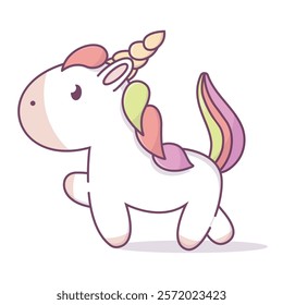 Illustration of a cute unicorn with colorful mane in pastel colors of pink, purple, light green, and golden horn. Isolated children's illustration for sticker, print.