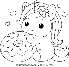 Illustration of a cute unicorn and donut coloring page. Black and white outline vector cartoon character colouring book