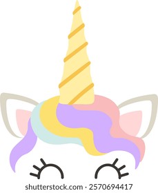 Illustration of a cute unicorn face with colorful mane in pastel colors of pink, yellow, purple, light blue, and golden horn, smiling and showing closed eyes with eyelashes