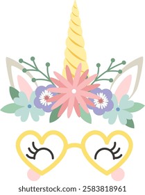 Illustration of a cute unicorn face with heart shaped sunglasses, adorned with a crown of colorful flowers, creating a whimsical and charming design