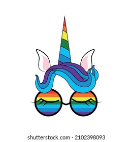 Illustration of a cute unicorn face in sunglasses. Rainbow, hearts