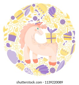 illustration with cute Unicorn and gifts in magical world. Cartoon hand drawn unicorn. Vector illustration.