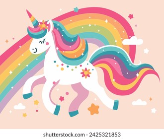 Illustration of a cute unicorn jumping on a rainbow, vector image of 10 colors, suitable for silk screen printing