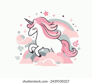 Illustration of a cute unicorn jumping over a rainbow, vector image of 10 colors, suitable for silk screen printing