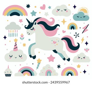 Ilustración de un lindo unicornio, arco iris, nubes lindas, corazones y estrellas, imagen vectorial de 6 colores, adecuado para serigrafía