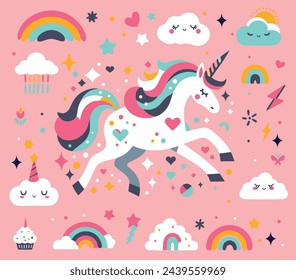 Illustration of a cute unicorn, rainbows, cute clouds, hearts and stars, vector image of 6 colors, suitable for silk screen printing