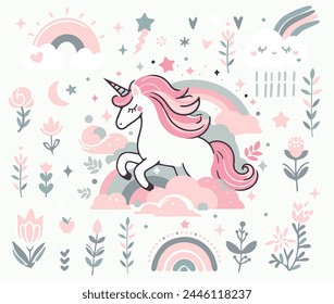 Illustration of a cute unicorn, rainbows, cute clouds, hearts and stars, vector image of 6 colors, suitable for silk screen printing