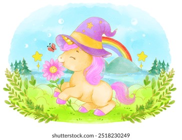 Illustration of a cute unicorn with a wizard hat smelling a flower, with a rainbow and mountains in the background. Perfect for children’s art and fantasy themes.
