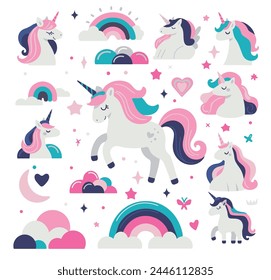 Illustration of a cute unicorns, rainbows, cute clouds, hearts and stars, vector image of 6 colors, suitable for silk screen printing