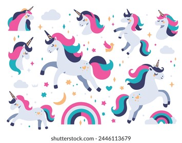 Illustration of a cute unicorns, rainbows, cute clouds, hearts and stars, vector image of 6 colors, suitable for silk screen printing